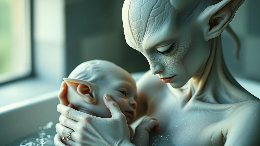 Elfin Alien Mother Soothing Baby: Cinematic Film Still