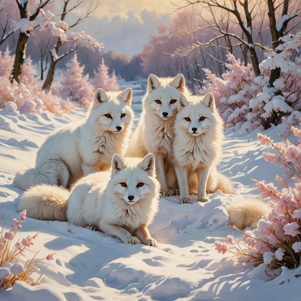 Fluffy White Foxes Play in Snowy Landscape
