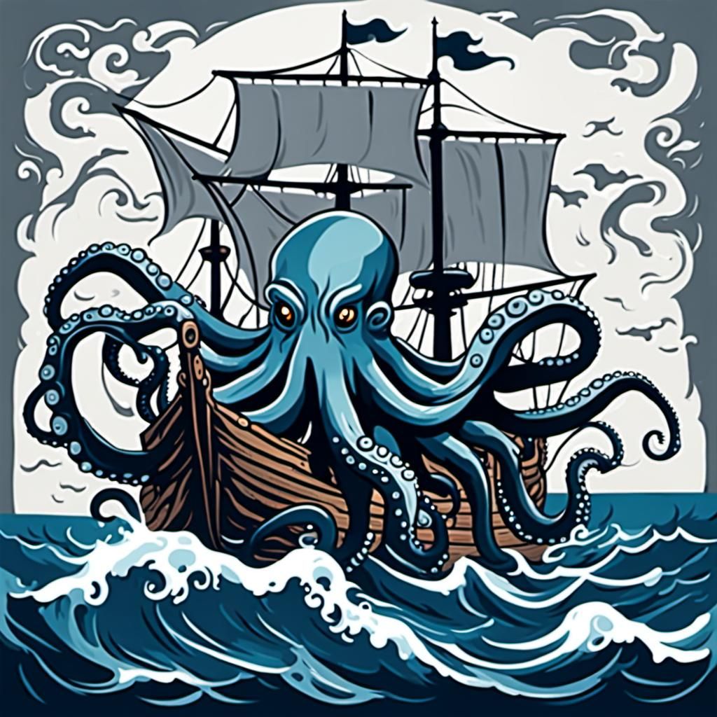 Kraken Attacks Ship in Stormy Seas, Hyperrealistic Art