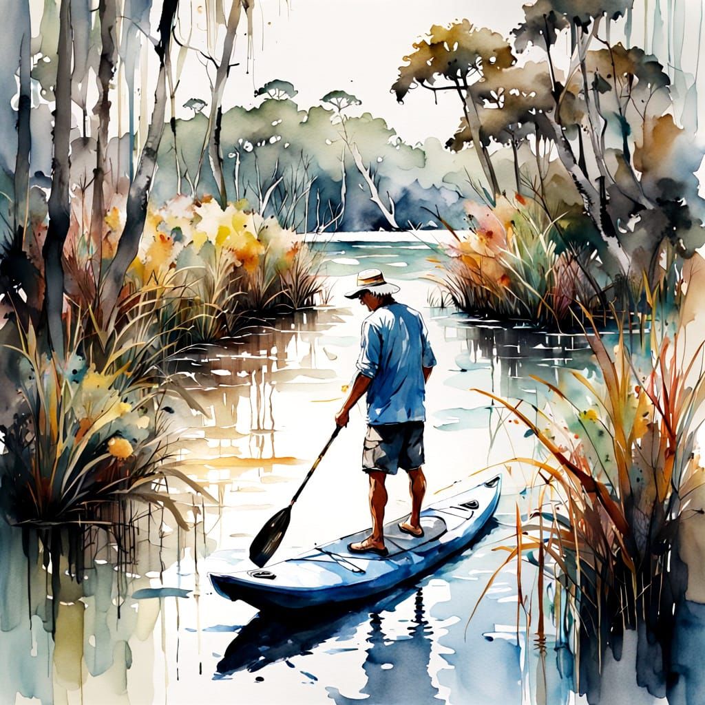 Surreal Everglades Paddleboarding Scene in Whimsical Waterco...