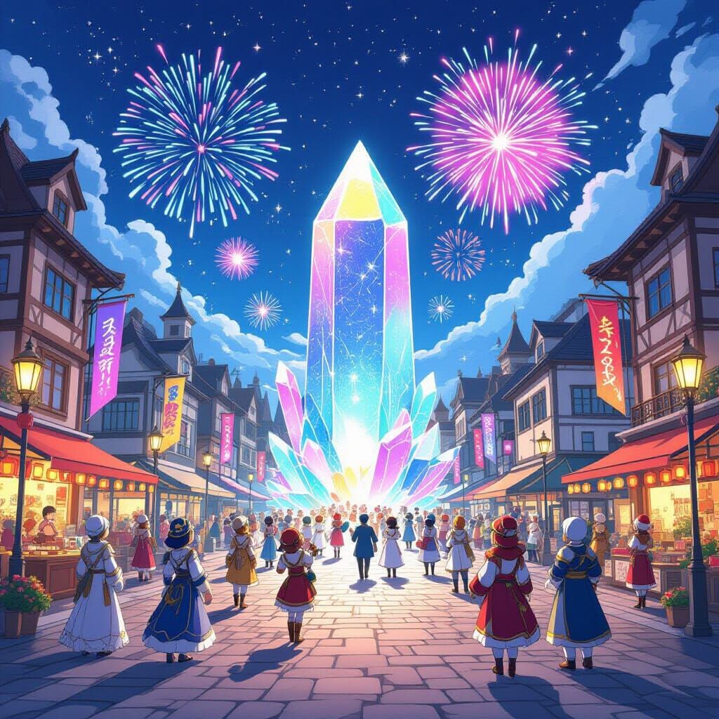 Anime Fantasy Town Square Celebration with Glowing Crystal