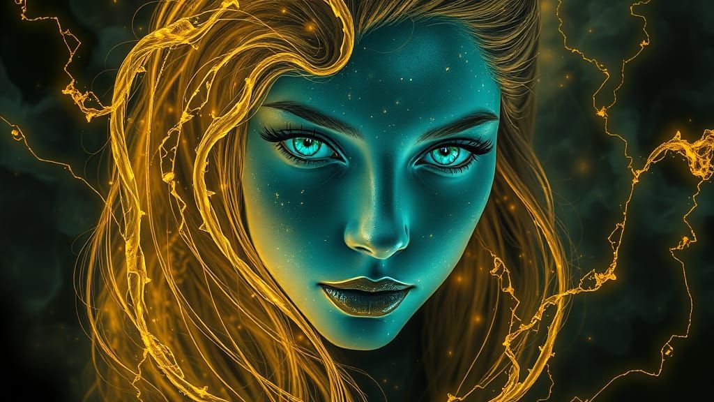 Ethereal Woman's Face in Bioluminescent Fractal Swirls