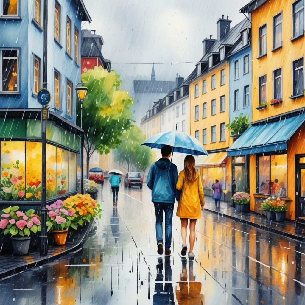 Couple in Rainy City Street, Watercolor Painting
