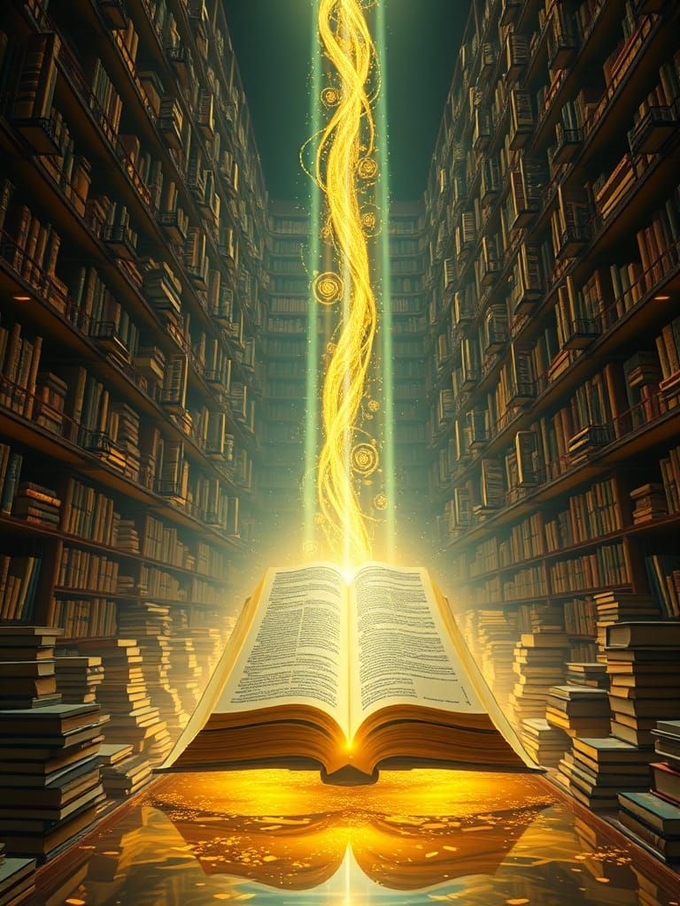 Bioluminescent Library with Book Fall in Neon Style