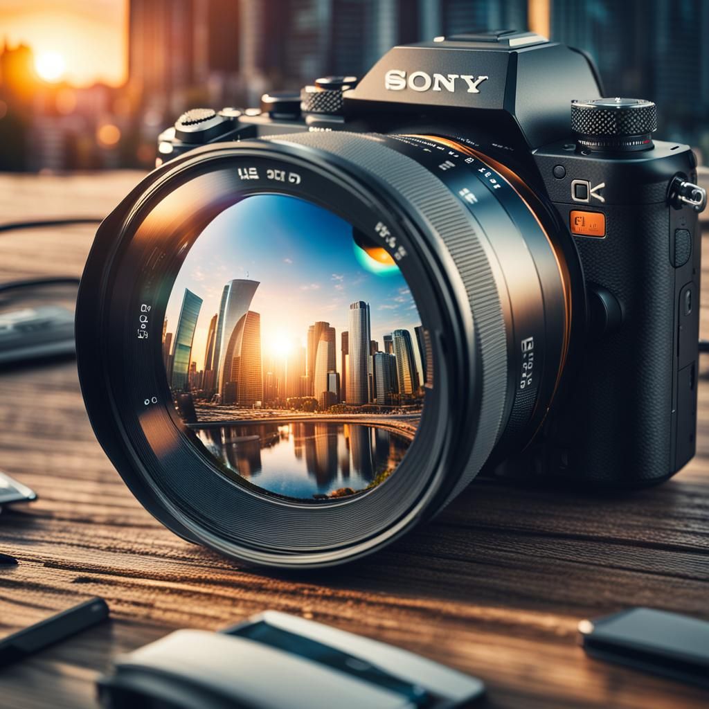 Futuristic Cityscape Reflected in Camera Lens