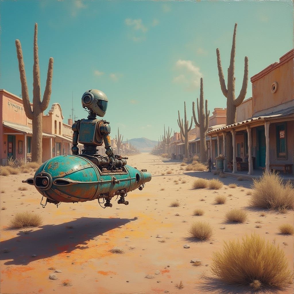 Robot Encounter in Surreal Ghost Town, Dali Style