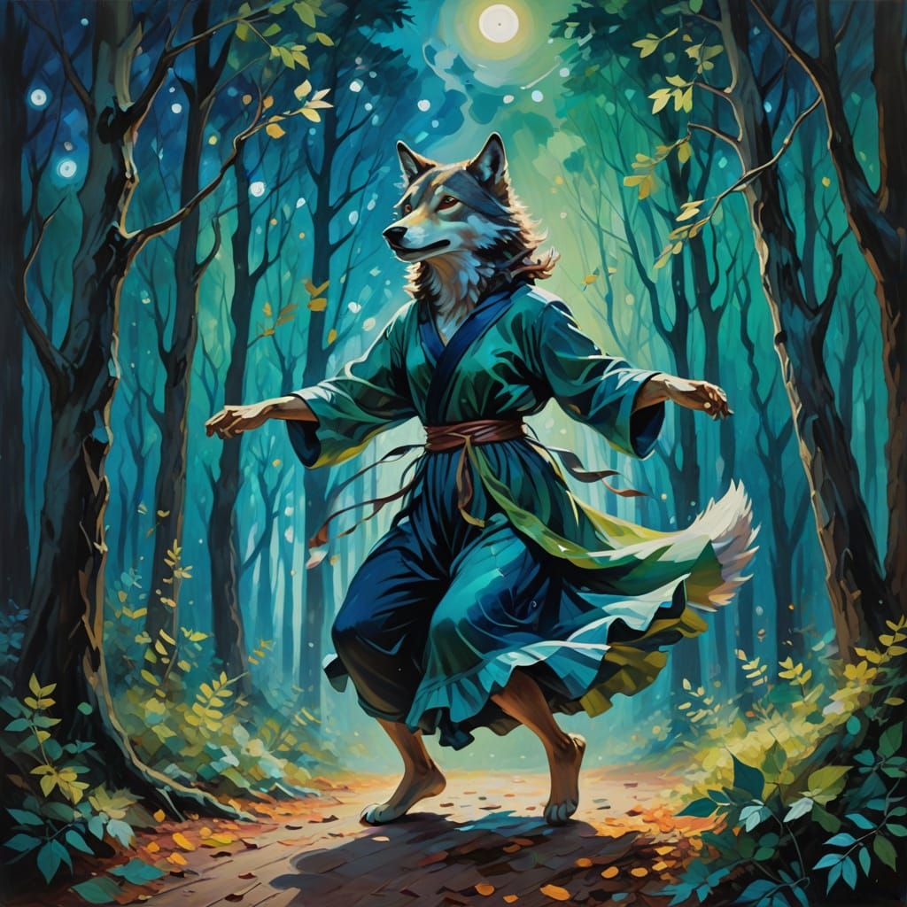 Whimsical Moonlit Dance with a Luminous Wolf