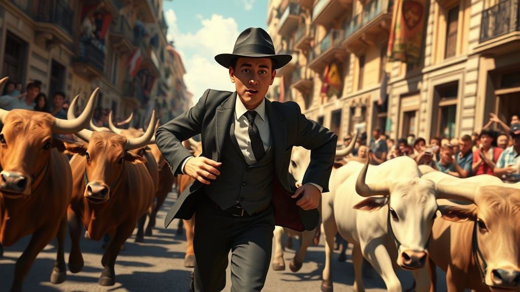 Tintin Runs with Bulls in Pamplona, Ligne Claire Style