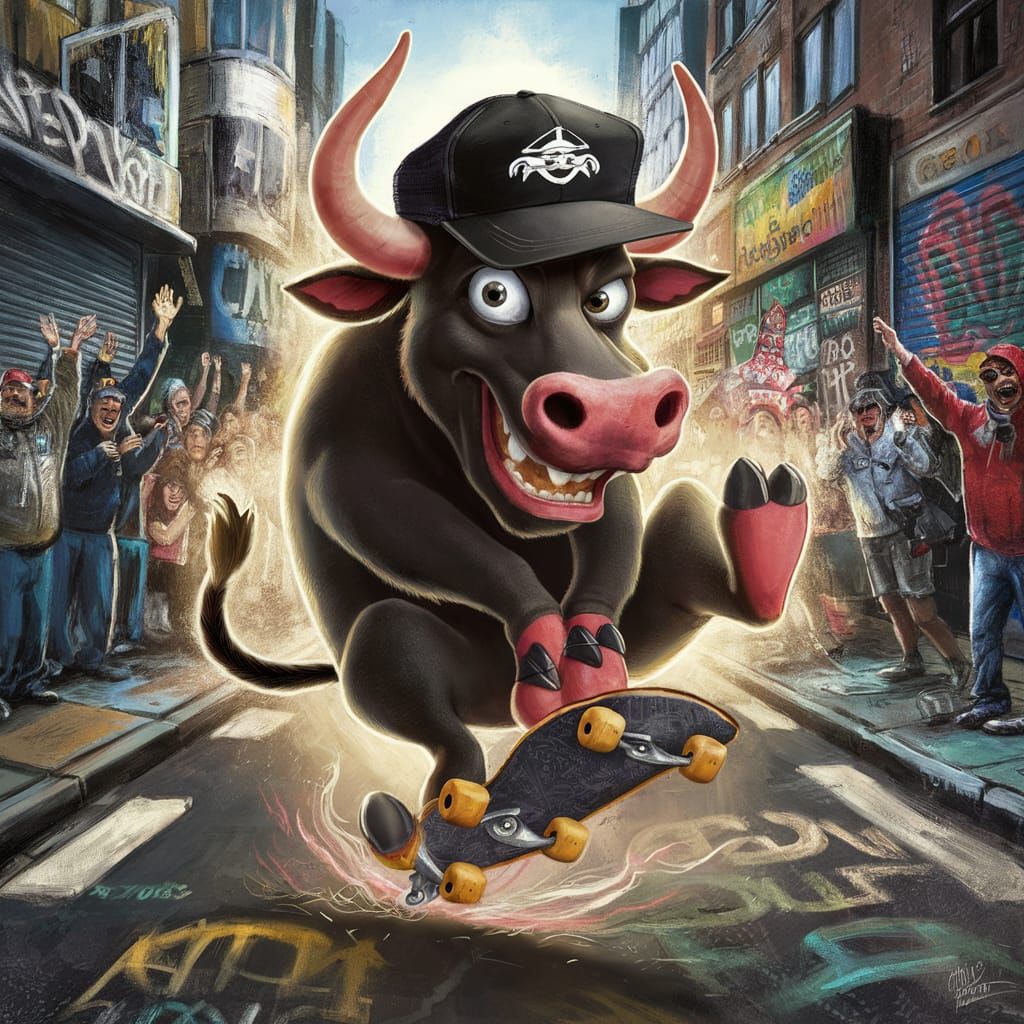 Cool Gangster Bull Does Skateboard Flip Trick