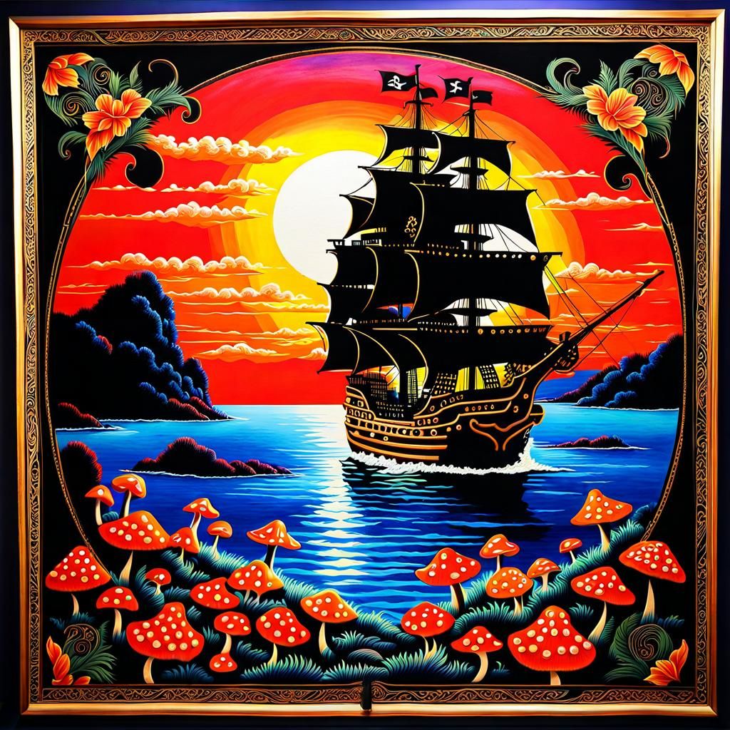 Pirate Ship on Mushroom Sea: Black Light Velvet Painting