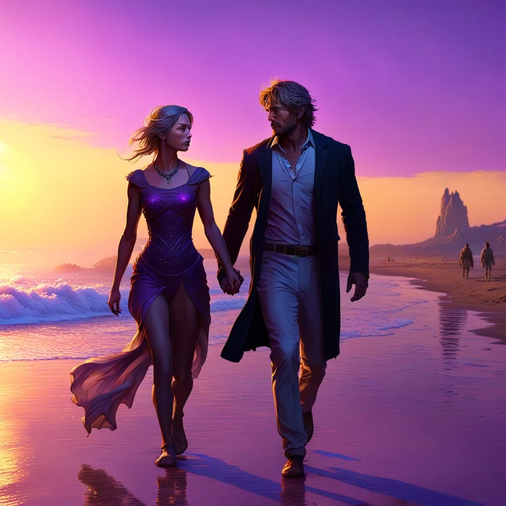 Romantic Sunset Beach Walk in Deep Color