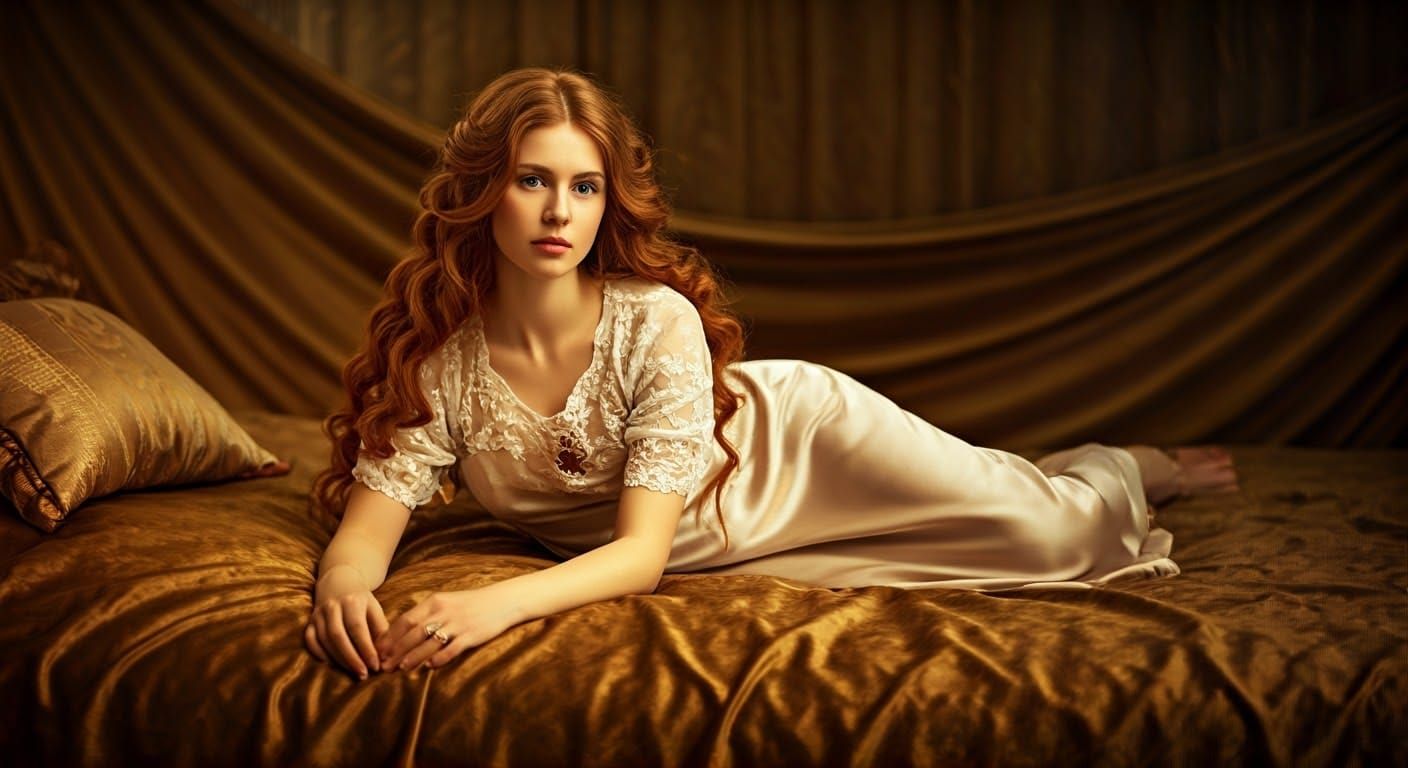 Elegant Woman Reclining on Velvet Bed
