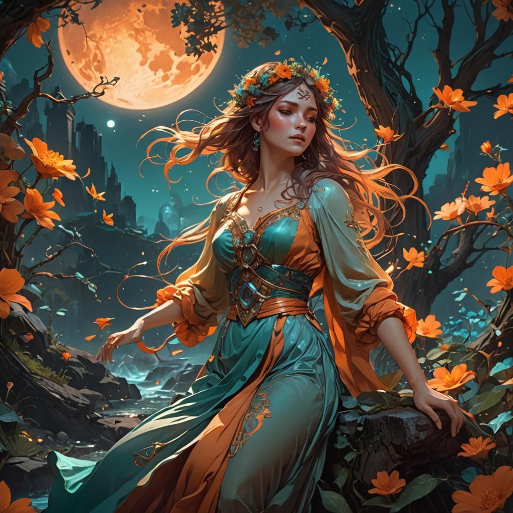 Enchanting Moonlight Scene in Art Nouveau Style
