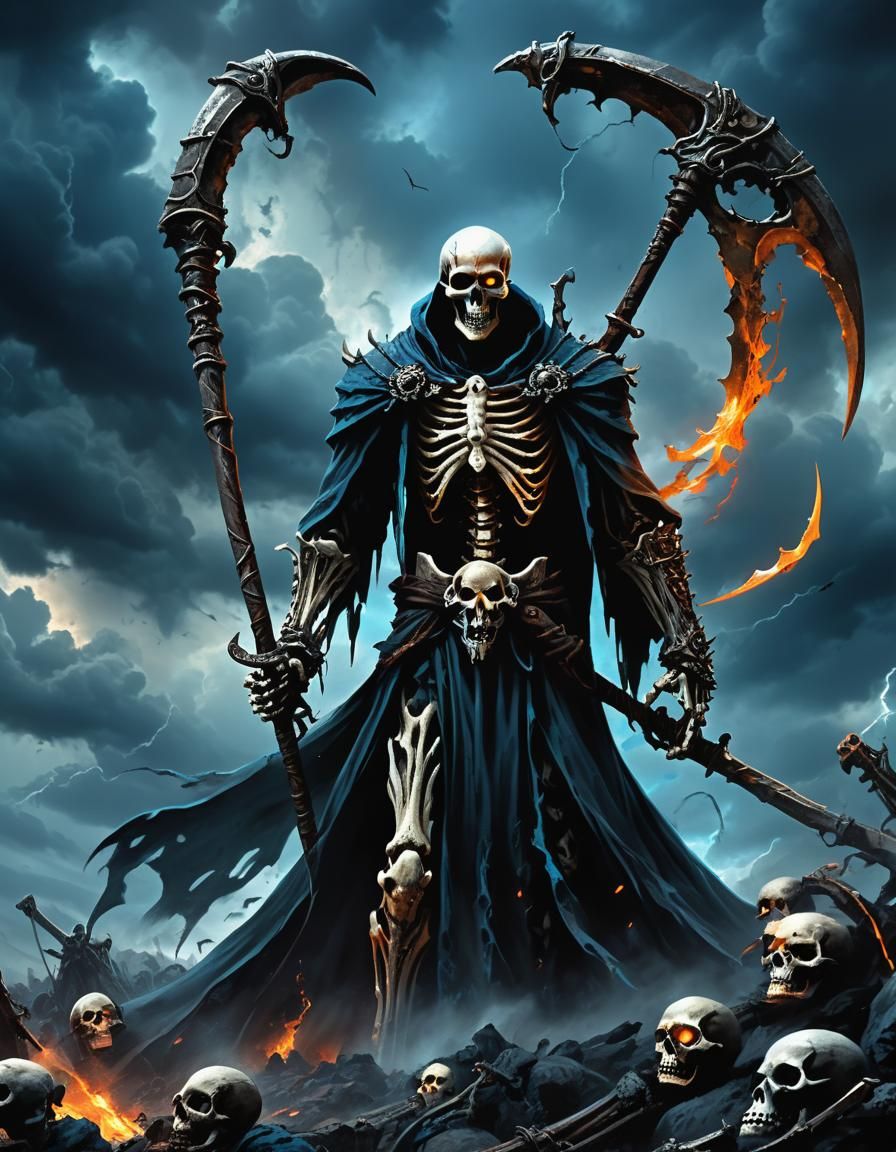 Menacing Skeletal Undead Wields Scythe in Dark Fantasy Art