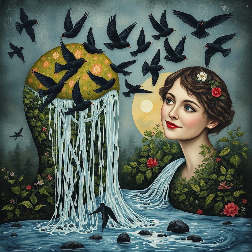 Surreal Waterfalls Flow from Heads of Smiling People in a Dr...