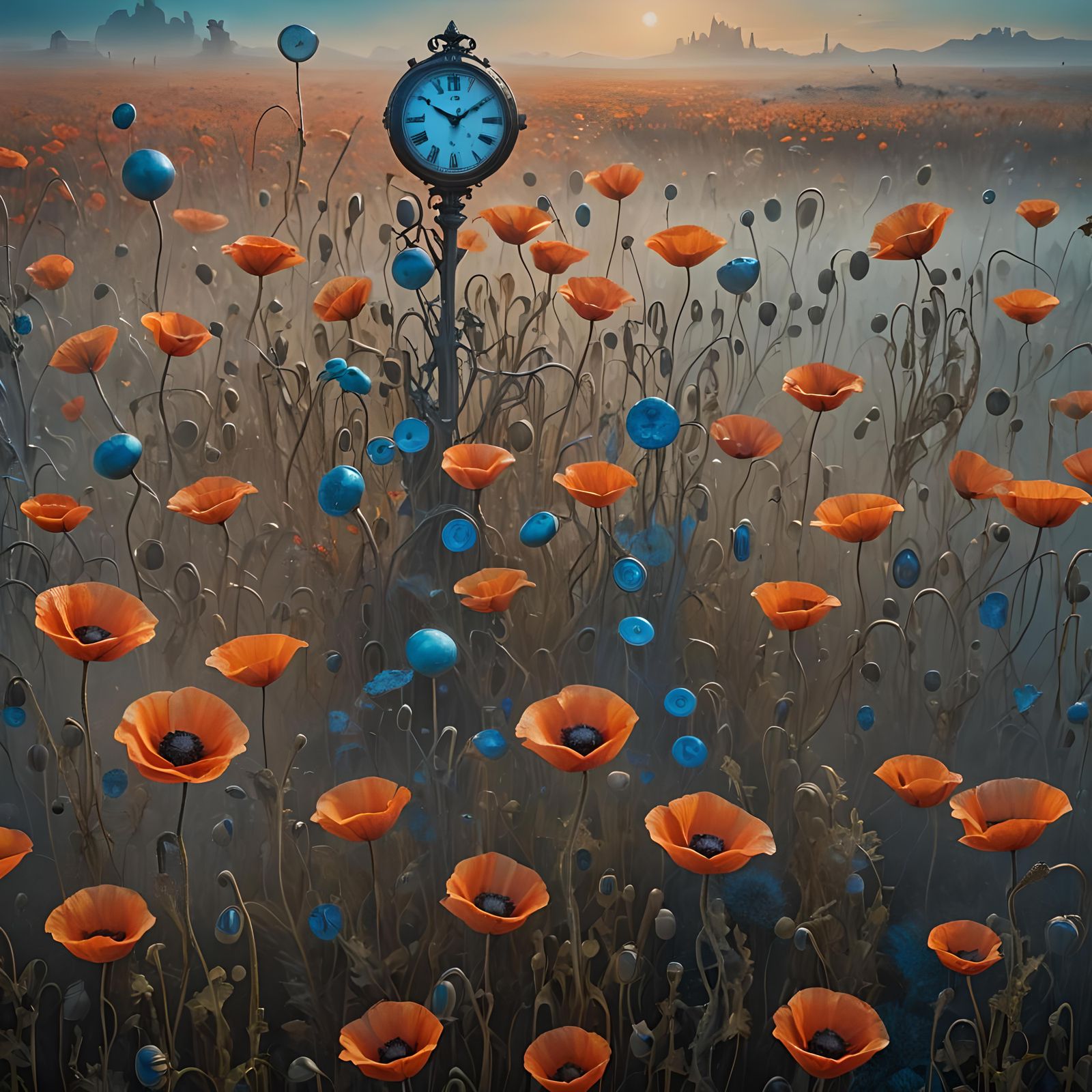Surreal Poppies and Clocks in Detailed Matte Painting
