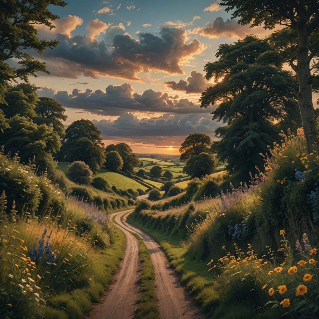 English Country Lane at Dusk: Oil Painting