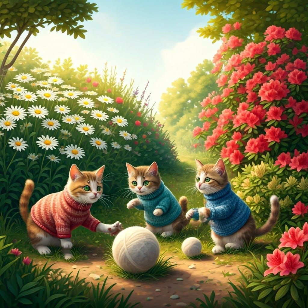 "Cute cats playing wool balls playing in the garden, by Quen...