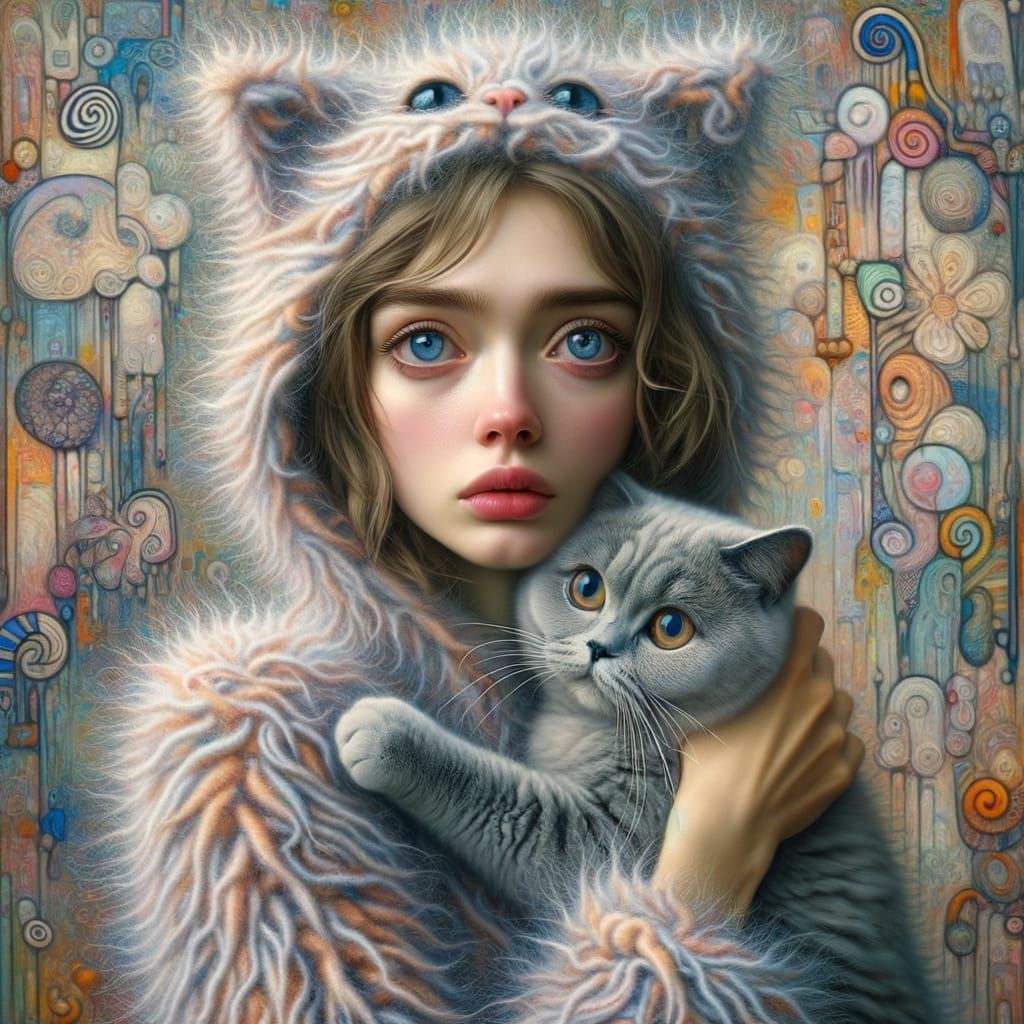 Surreal Woman in Cat Onesie with British Blue Cat