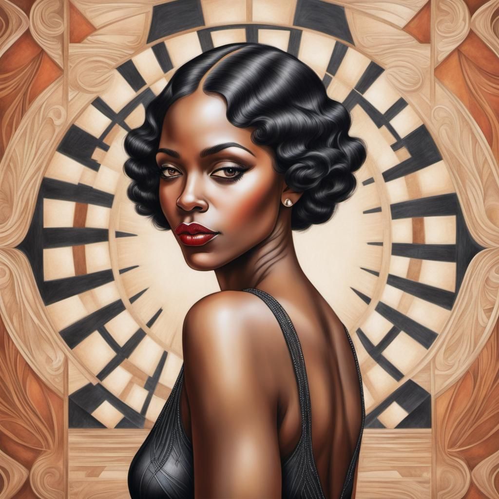 Art Deco Portrait of Black Woman with Mural