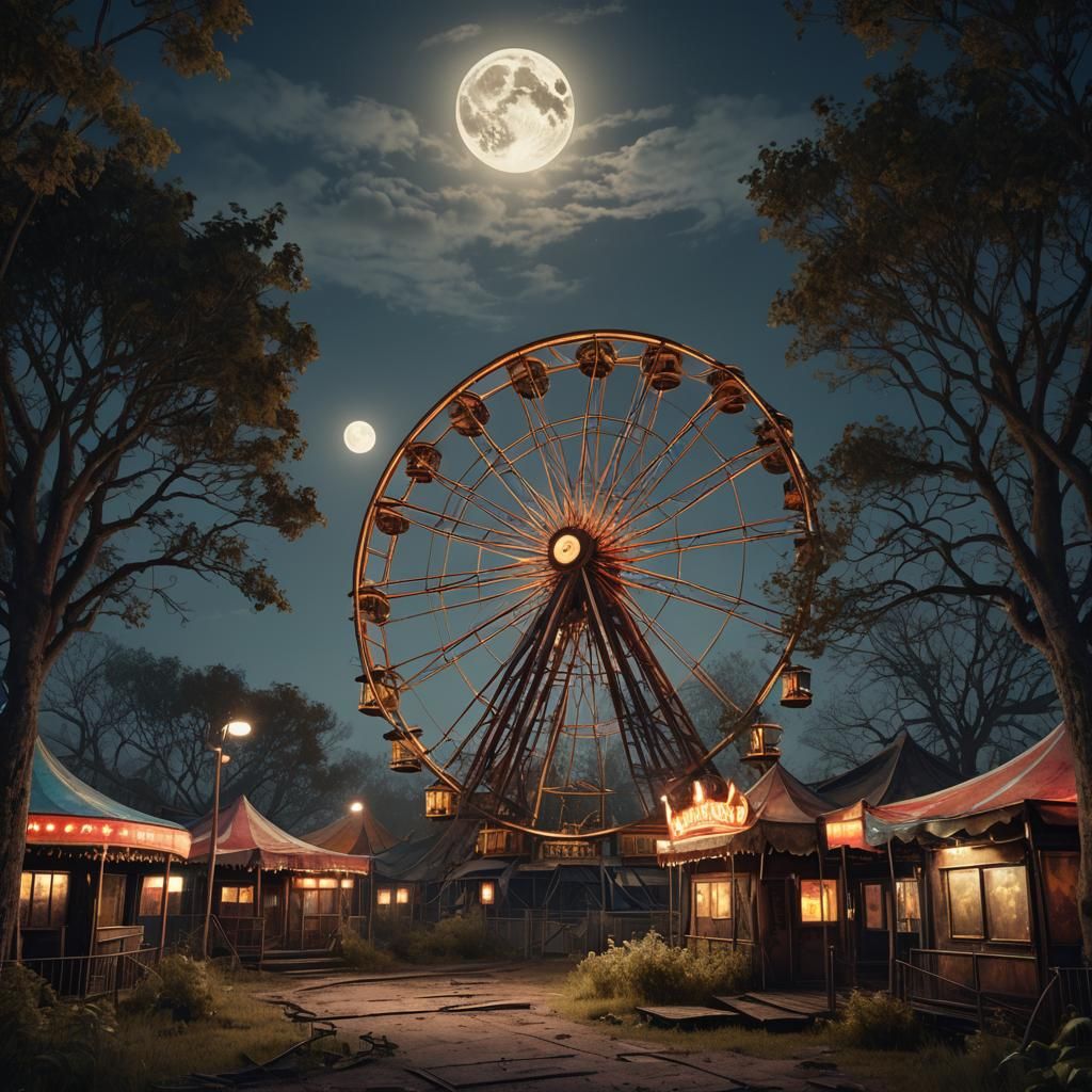 Eerie Abandoned Amusement Park at Night