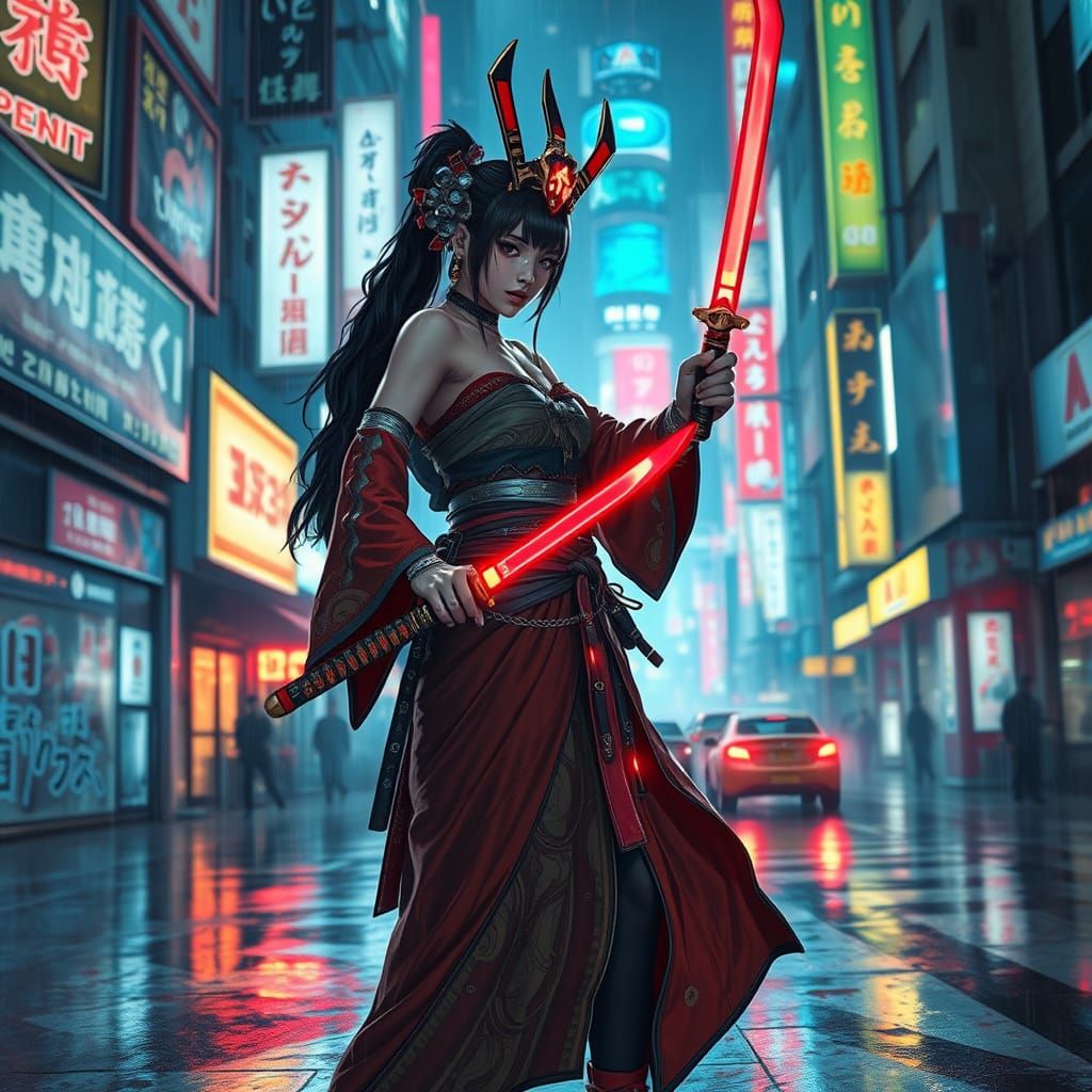 Cyberpunk Shrine Maiden in Neon Metropolis