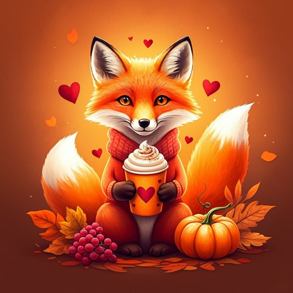 Autumn Fox with Pumpkin Spice Latte, Watercolor Style