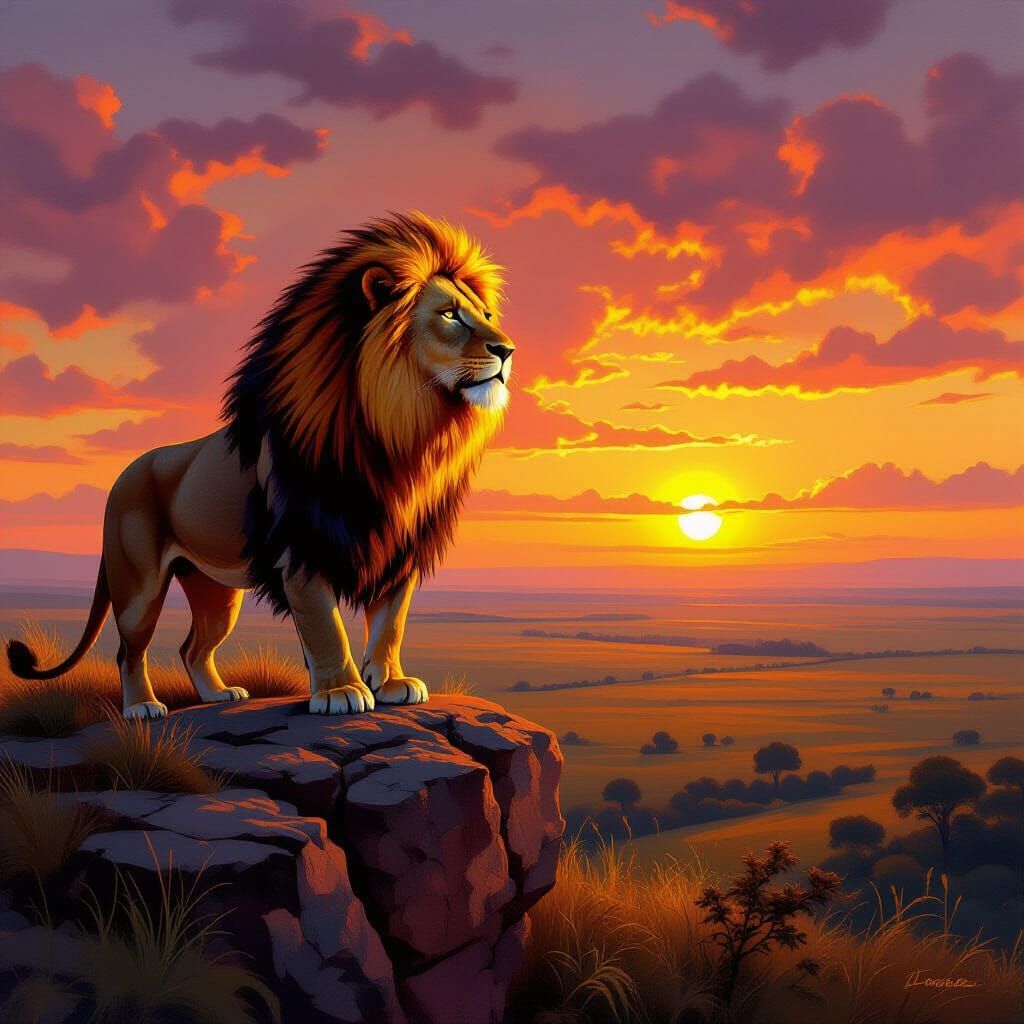 Fiery Lion Overlooking Savanna, Classical Oil Painting