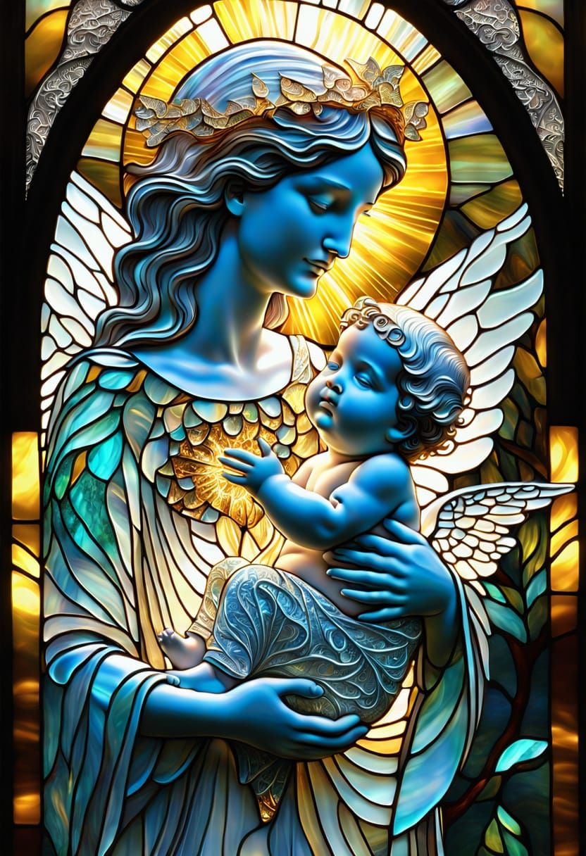 Angel and Infant in Tiffany Stained Glass Style