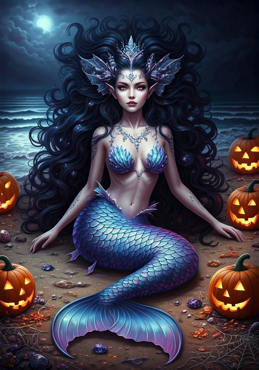 Halloween Mermaid on Glitter Beach, Fantasy Art