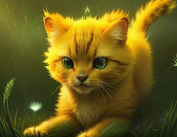 Dandelion Cat Stalks Through Grass: Digital Art