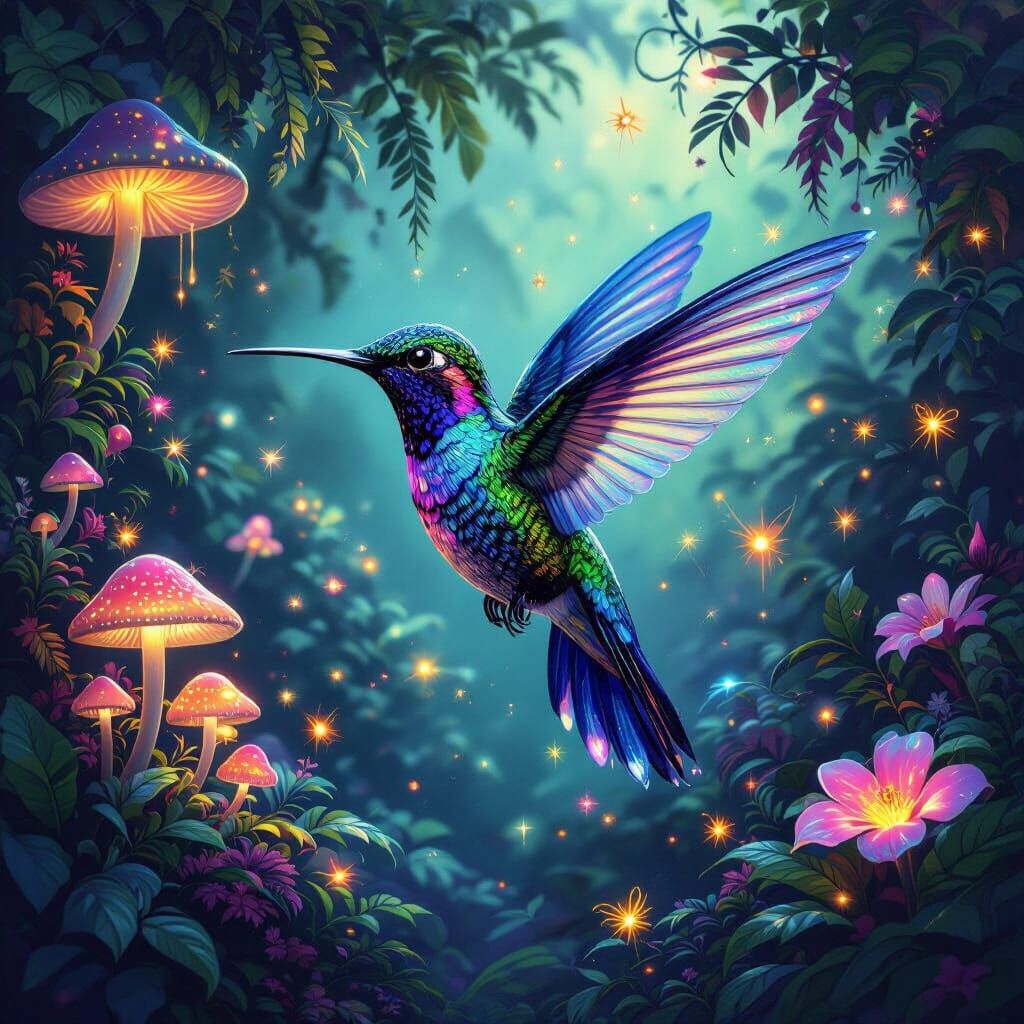 Bioluminescent Hummingbird Flits Through Glowing Jungle