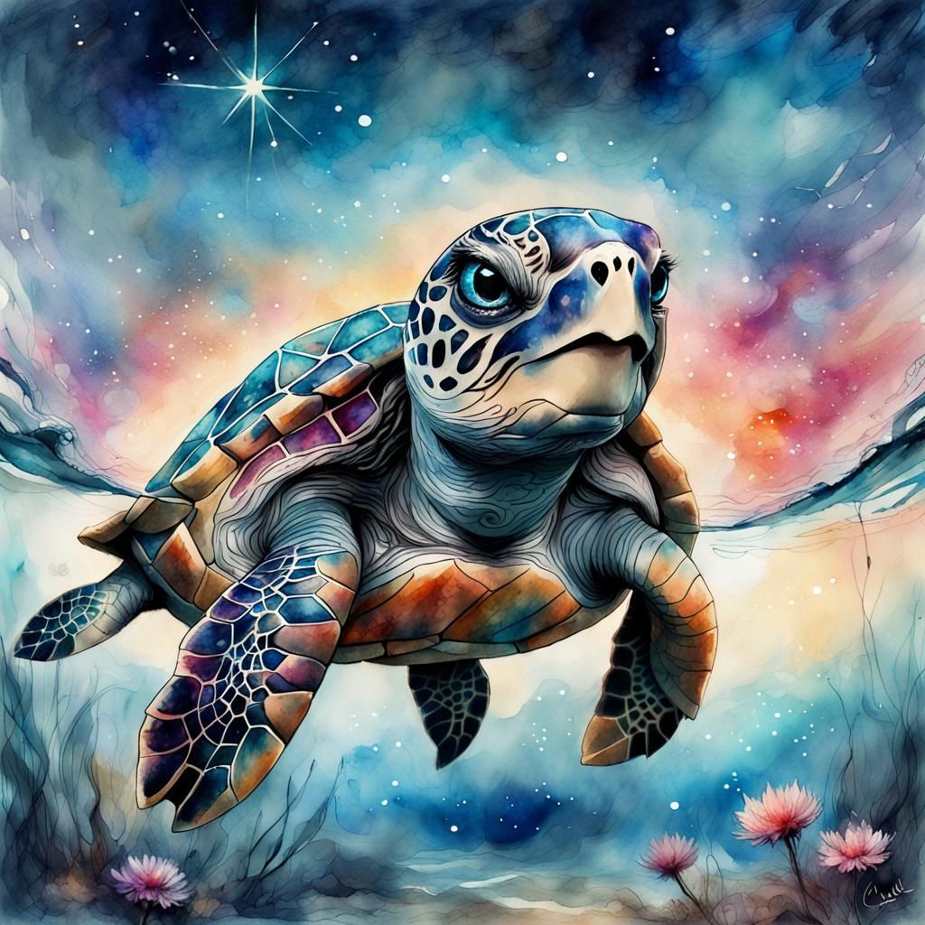 Charming Chibi Sea Turtle in Watercolor Galaxy