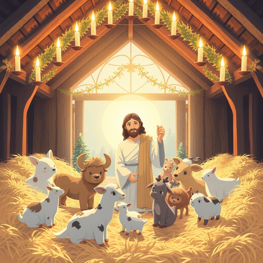 Xmas candle arch, jesus, barn, animals, straw, in anime style, cute, 2d, lasercut
