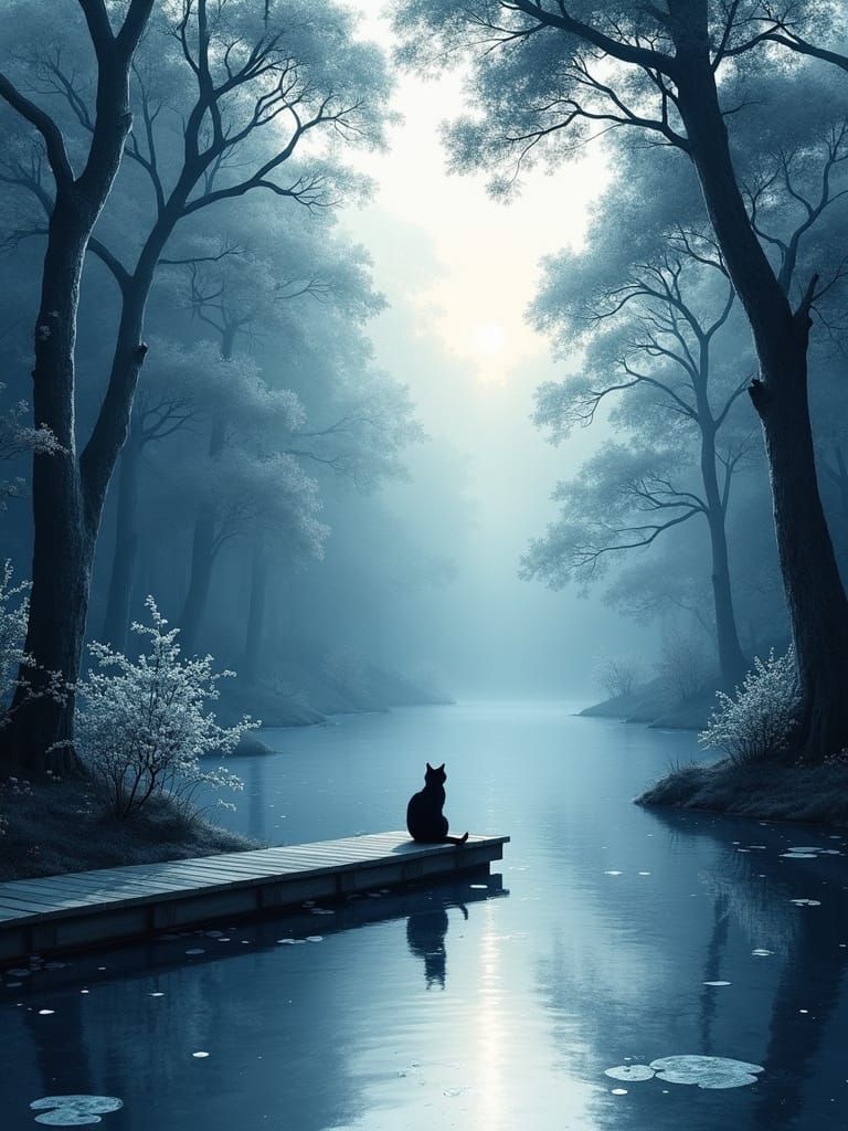 Monochromatic Cat on Lake Dock in Ethereal Forest