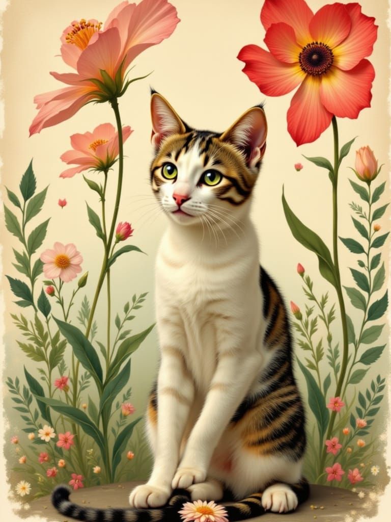 Adorable Cat in Bloom with Flickering Light Effects