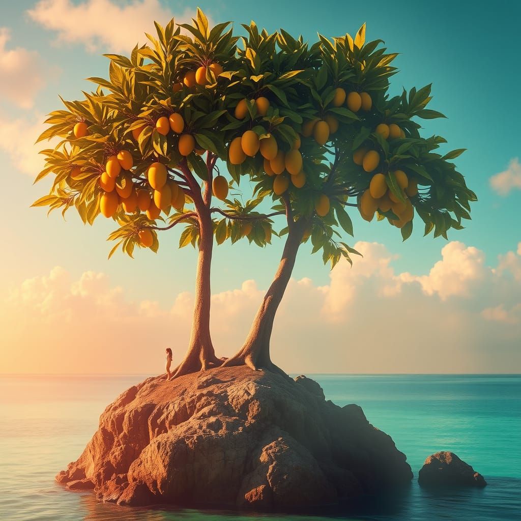 Ethereal Mango Trees on a Serene Island in Vibrant Color