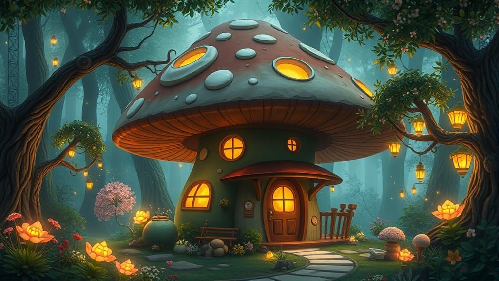 Mushroom Teahouse in Enchanted Forest, Ghibli Style