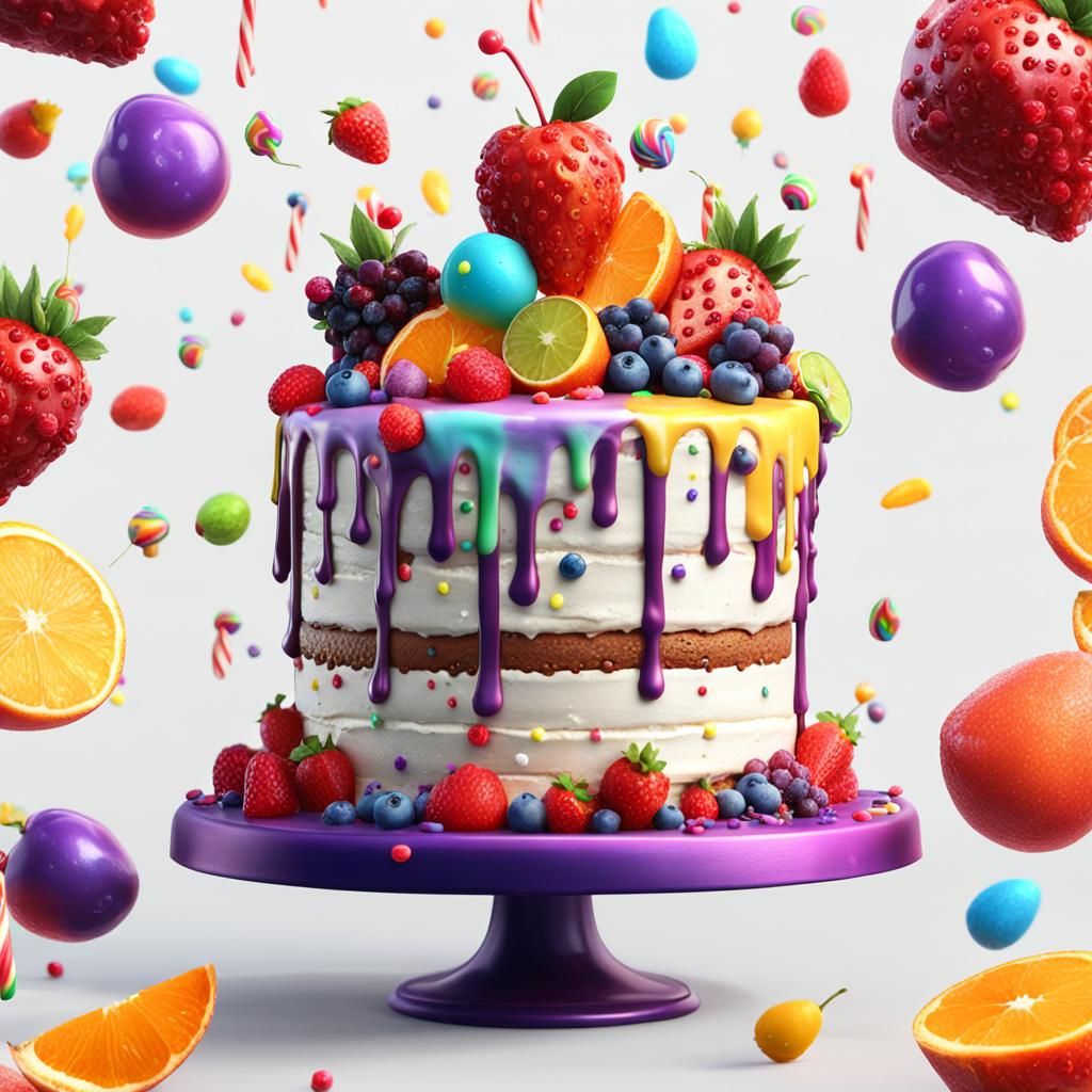 Seven-Tiered Birthday Cake with Fruits and Lollies