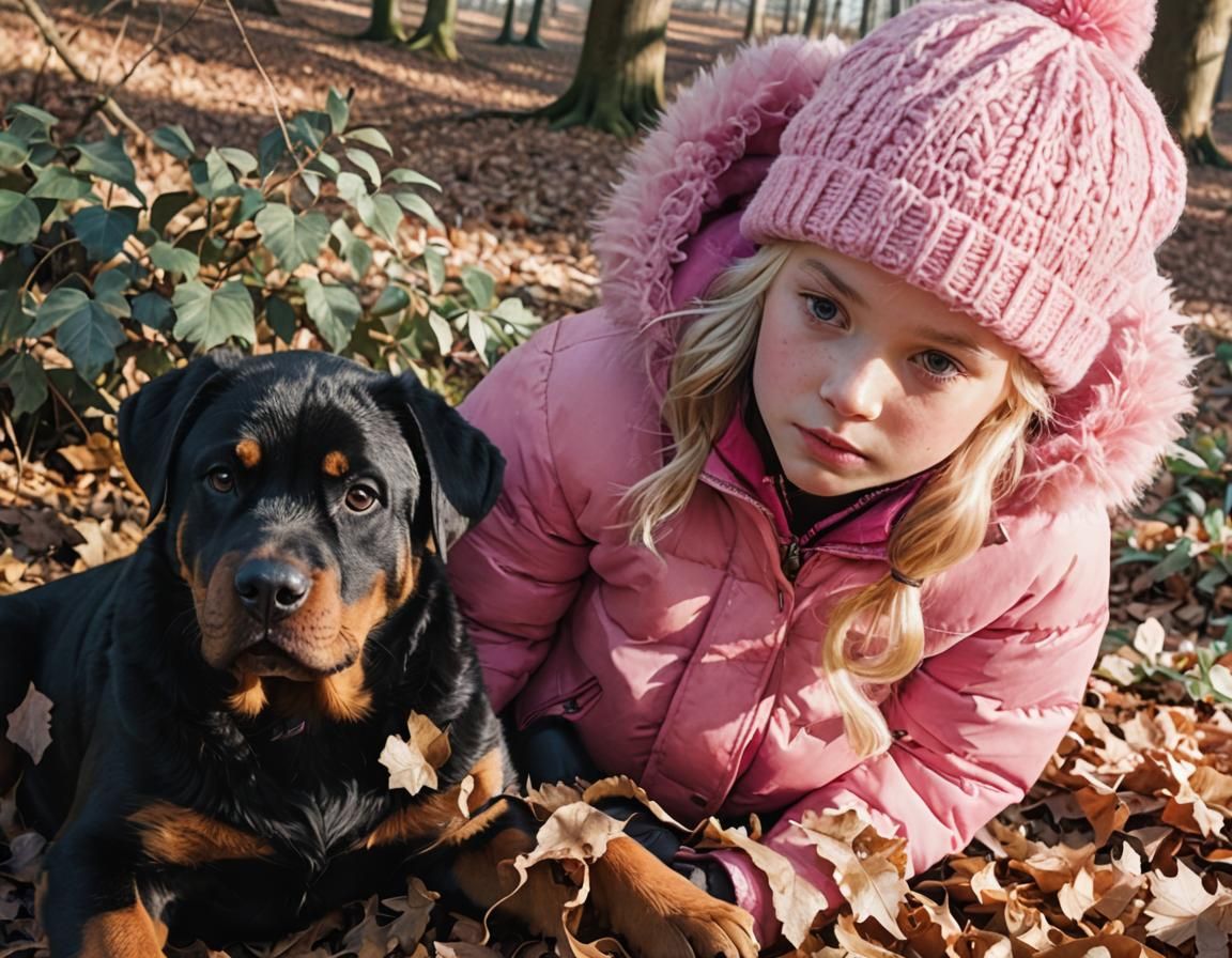 Girl with Rottweiler Puppy in Autumn Forest, Cinematic Style