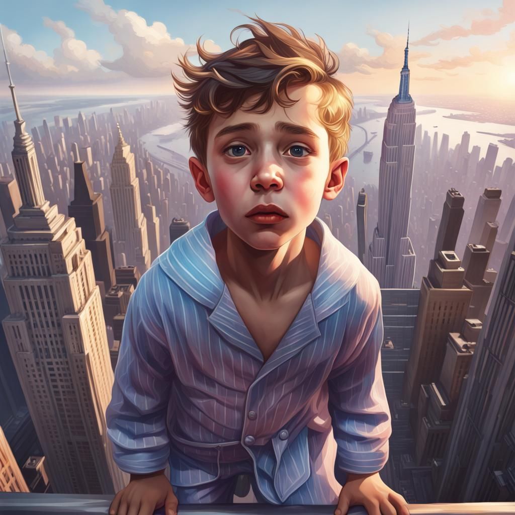Confused Boy Flies Above Empire State Building