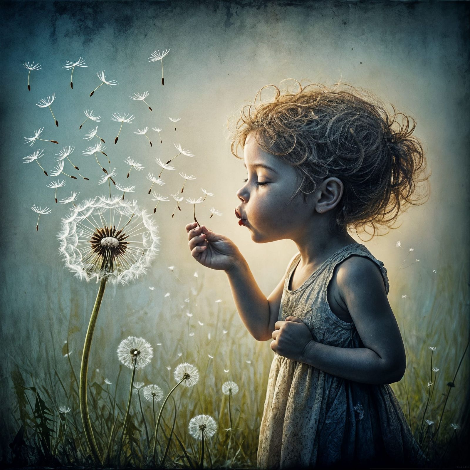 Child with Dandelion Seeds in Scumbling Style