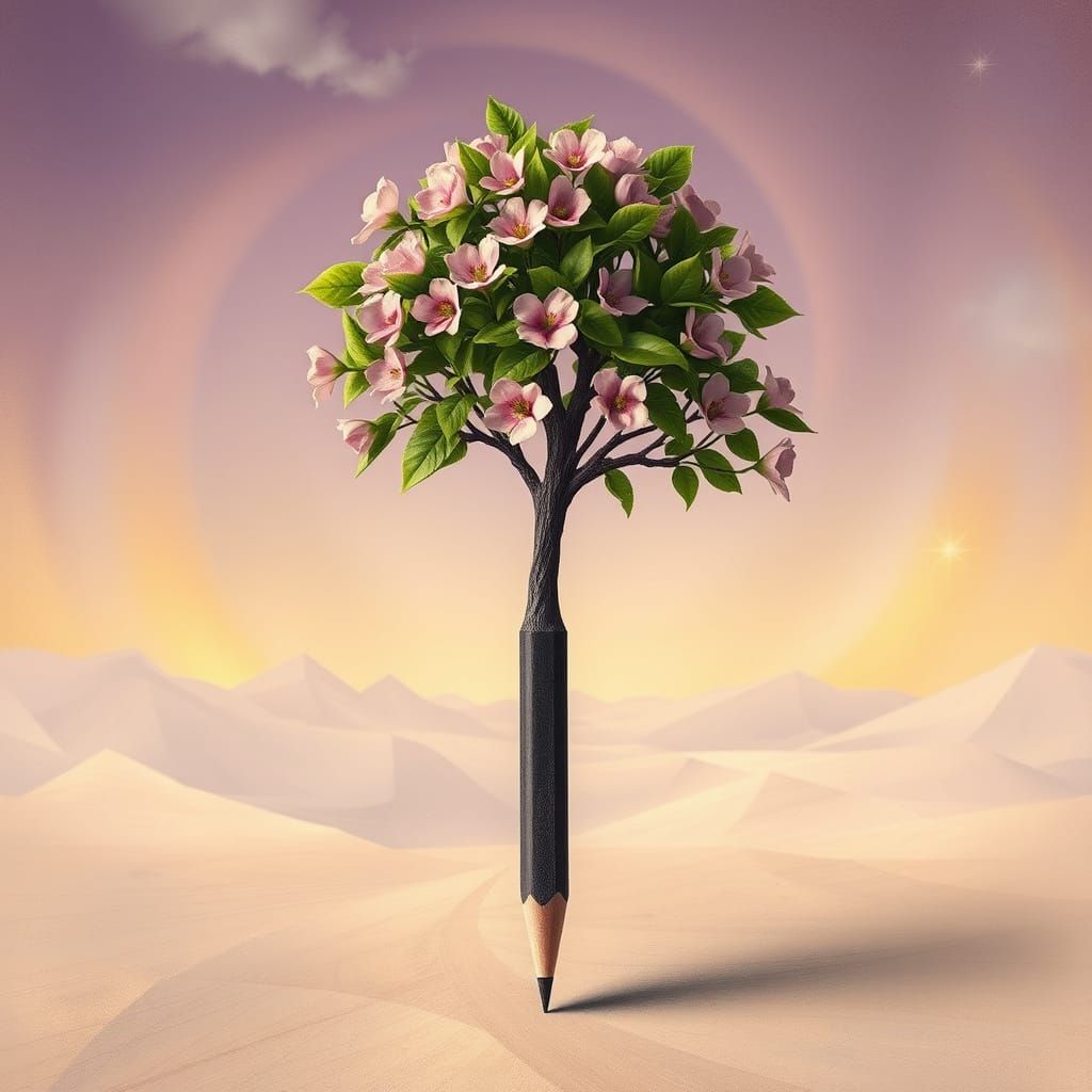 Pencil Transforms Into Blossoming Tree in Surreal Landscape