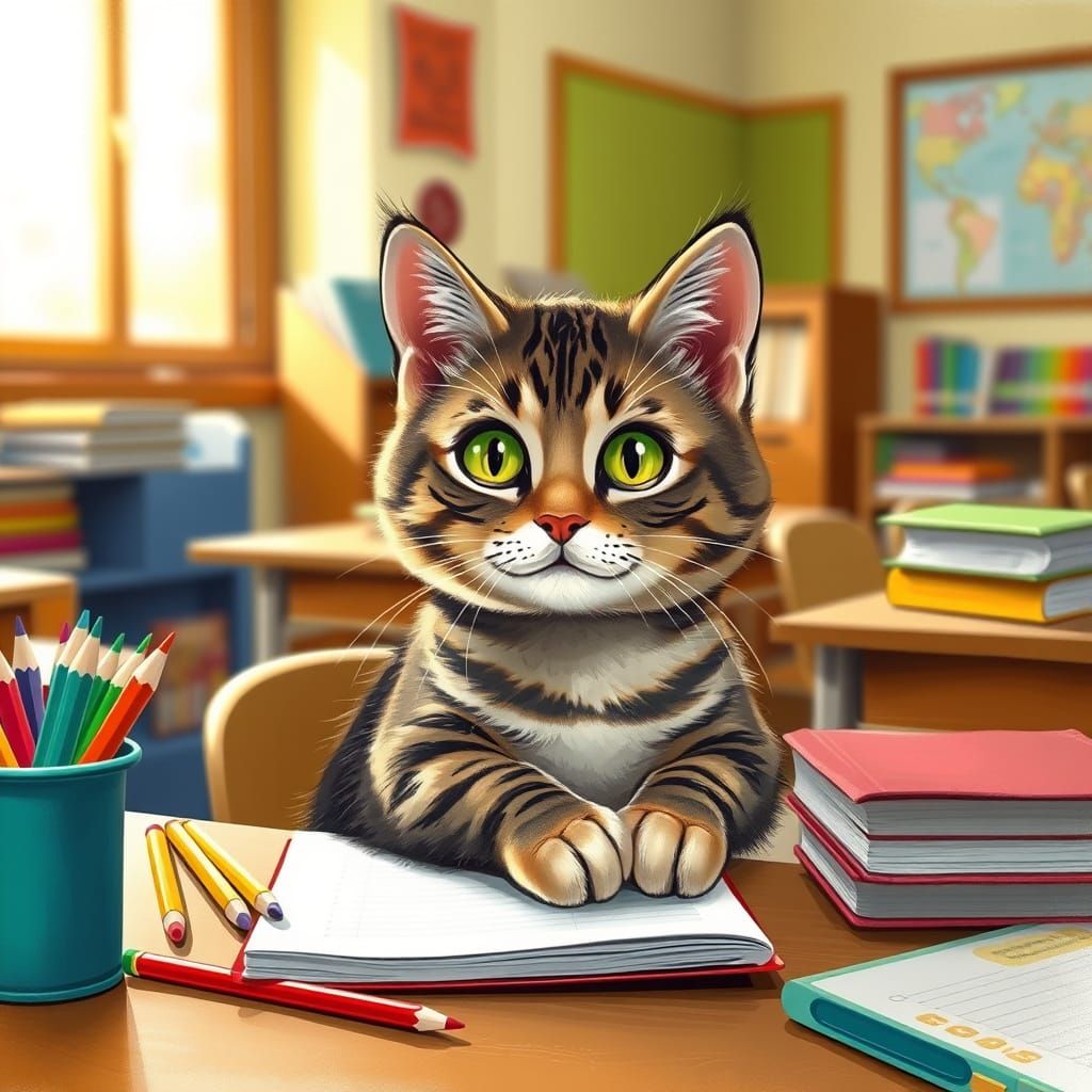 Whimsical Tabby Cat in Elementary School Classroom
