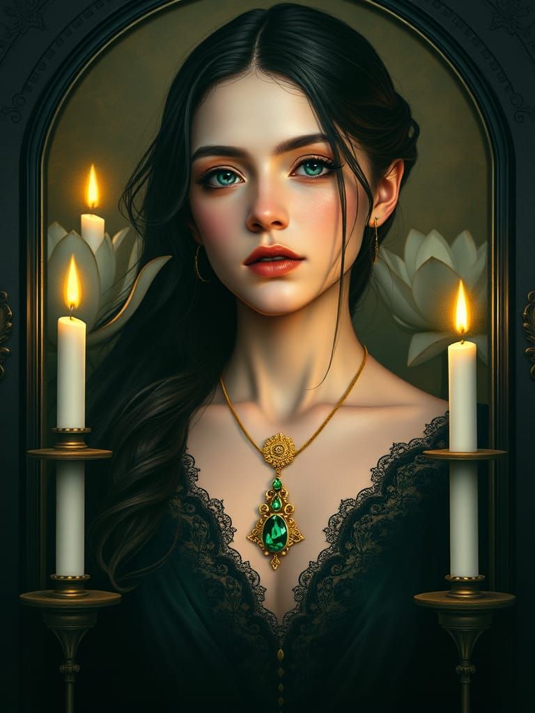 Woman with Emerald Pendant in Art Nouveau Style