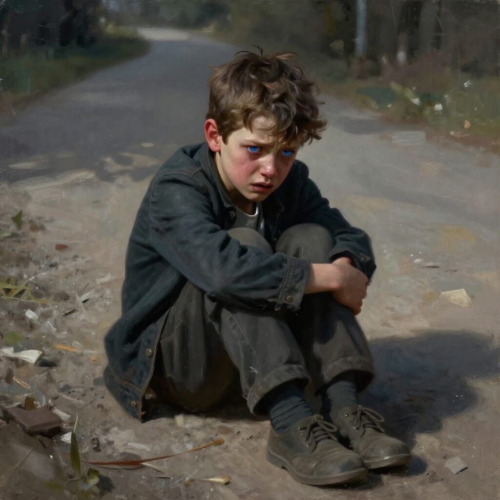 Boy's Sorrowful Journey: Heavy Burden and Blue Eyes
