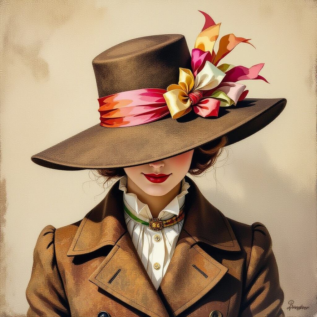 Recycled Felt Hat with Silk Ribbons Gouache Painting