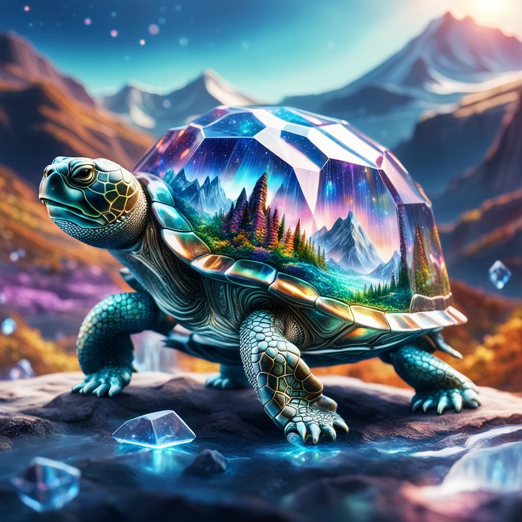 City Inside Crystal Turtle with Iridescent Sparks