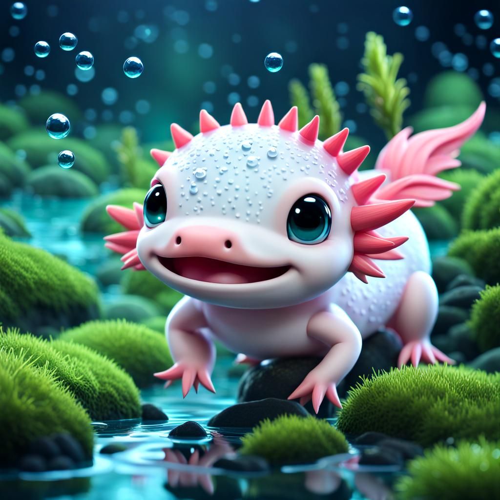 Adorable Chibi Axolotl in Hyperrealistic Detail