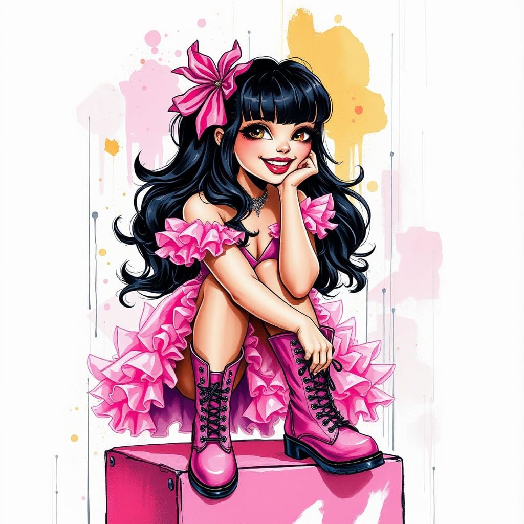 Woman in Pink Ballgown and Combat Boots, Watercolor Style